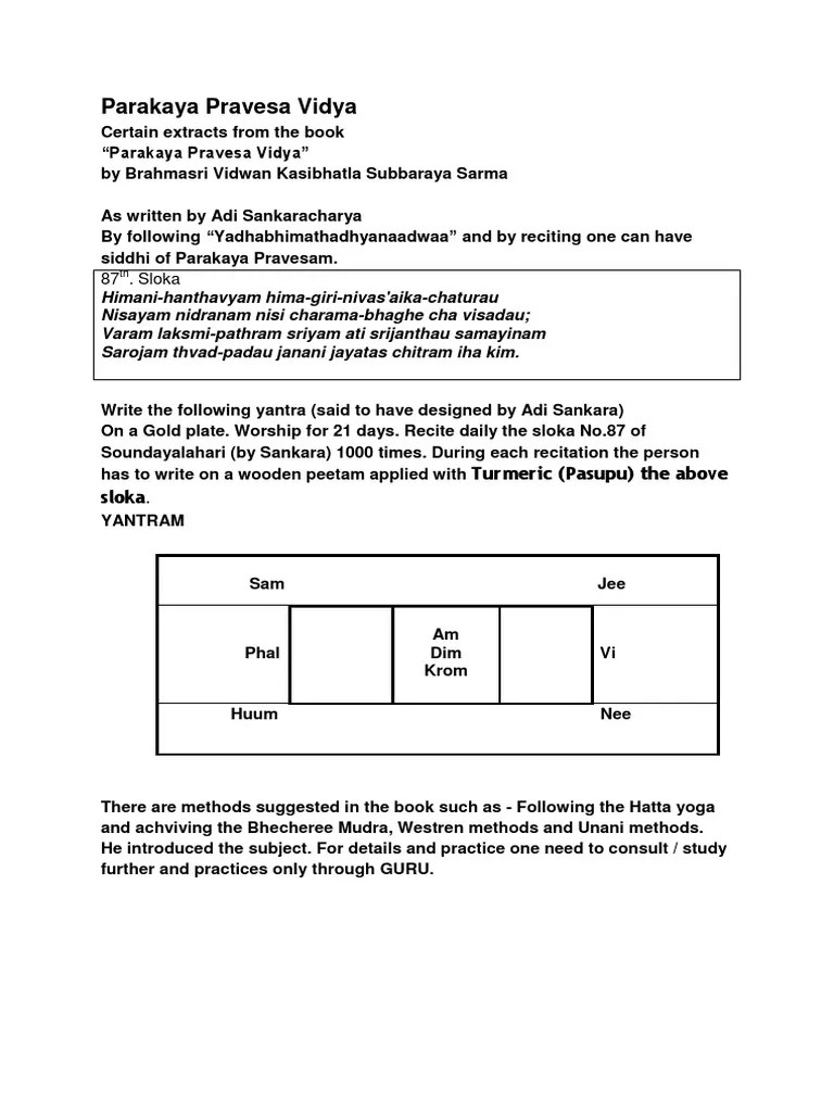 Parakaya Pravesa Vidya PDF Spirituality Indian