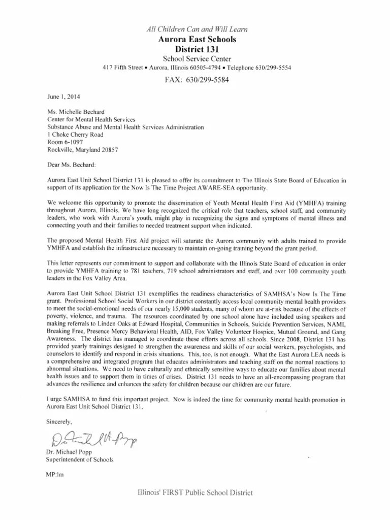 East Aurora Mental Health Letter of Commitment and Illinois Grant