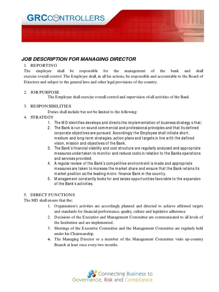 Job Description of Managing Director Chief Executive Officer Banks
