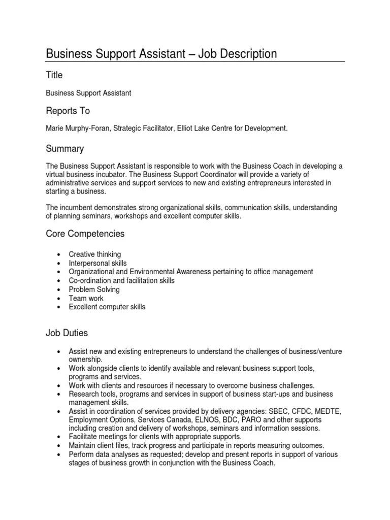 Business Support Assistant Job Description PDF