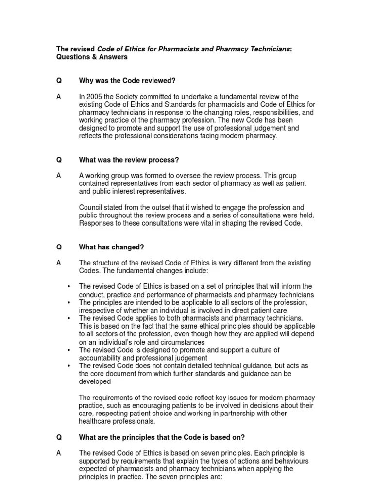Q & A On Revised Code of Ethics For Pharmacists and Pharmacy