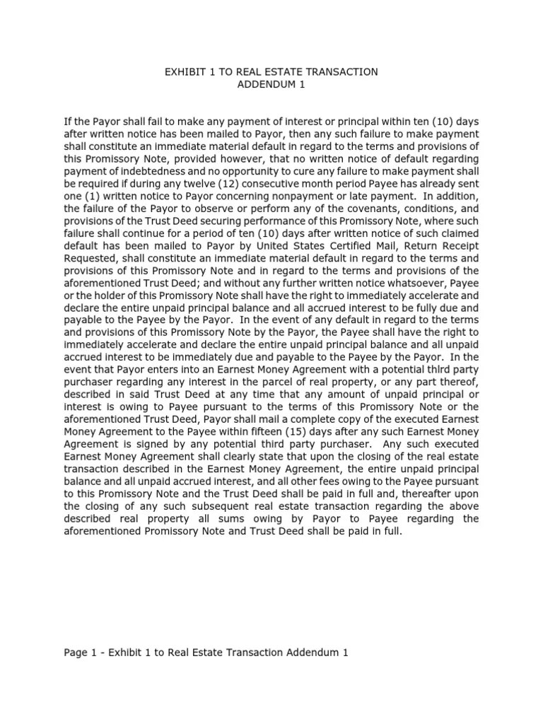 Addendum Promissory Note Deed Of Trust (Real Estate)
