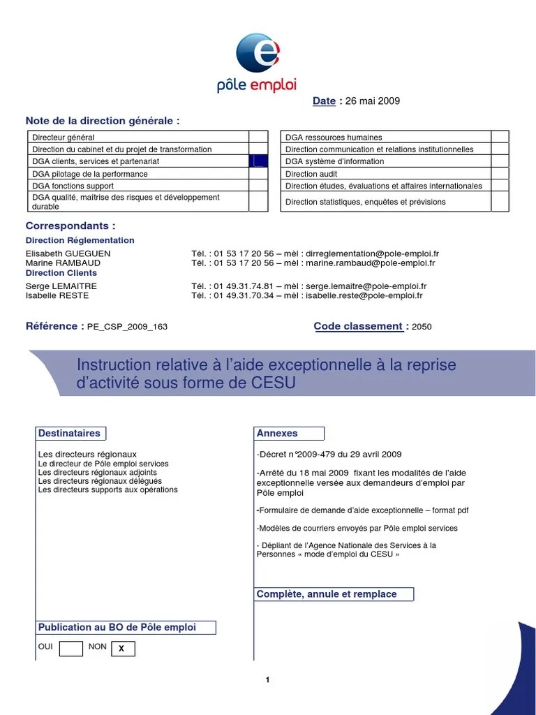 Pôle emploi Gestion des aides à la reprise d'activité PE_CSP_2009