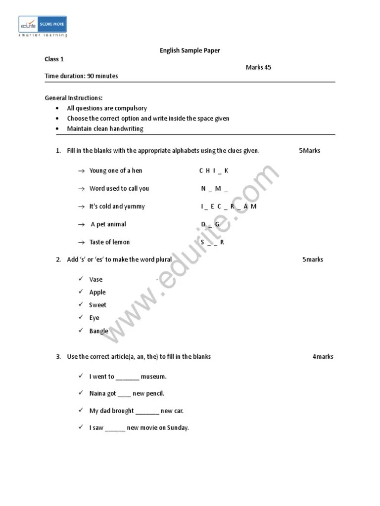 Class 1 ICSE English Sample Paper PDF