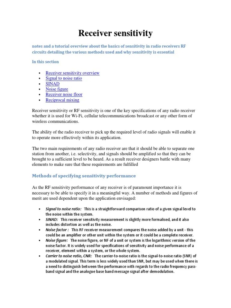 Receiver Sensitivity Receiver (Radio) Signal To Noise Ratio