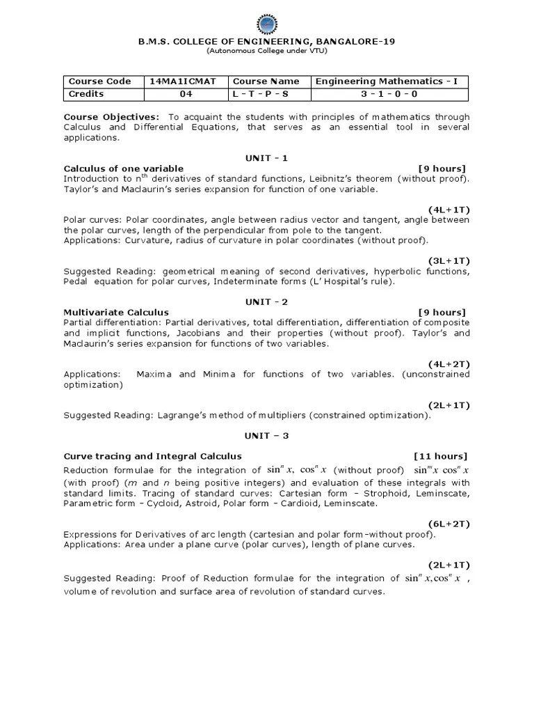 Engineering Mathematics 1 VTU Syllabus PDF Equations Derivative
