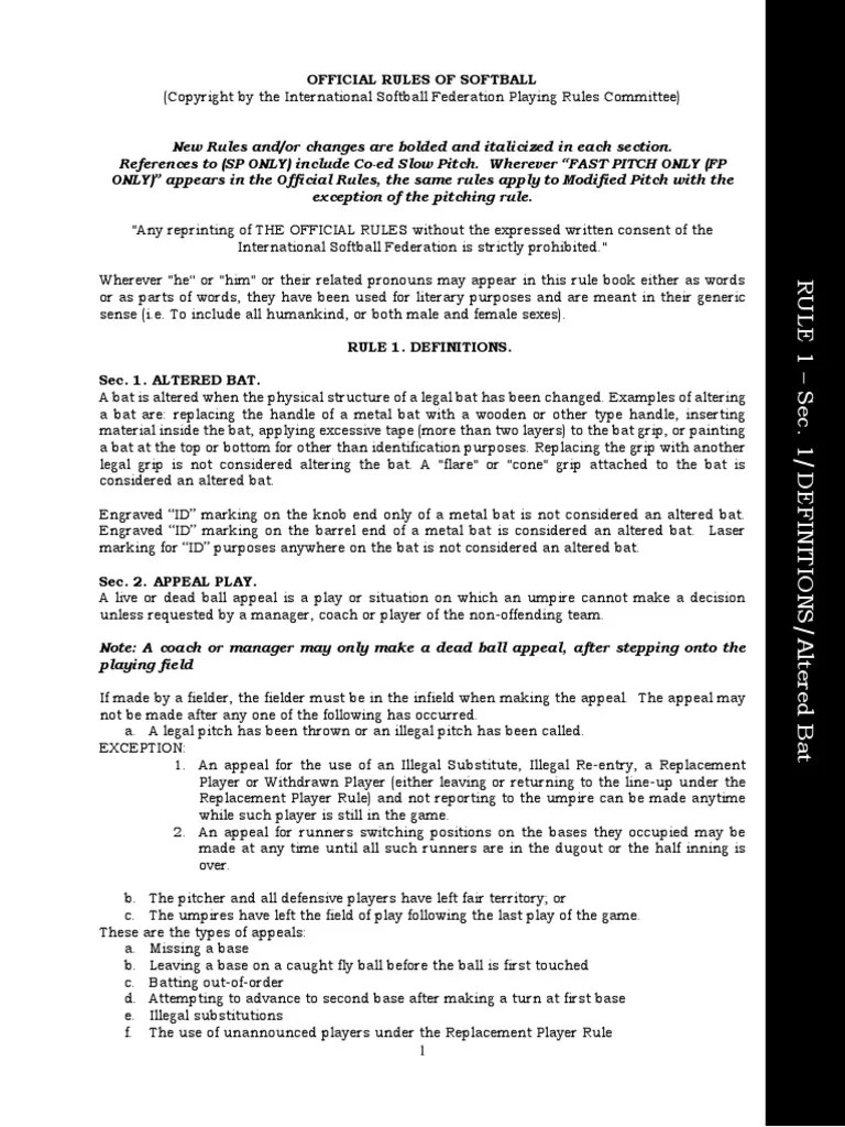 Official Rules Of Softball