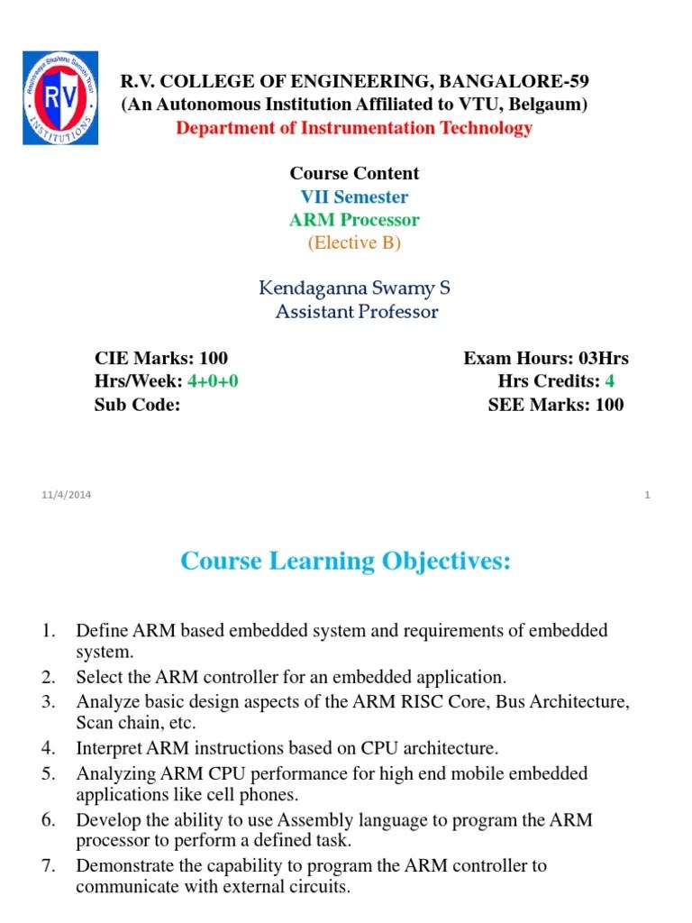ARM Processor (Elective B) Course Content for the VII Semester Instrumentation Technology