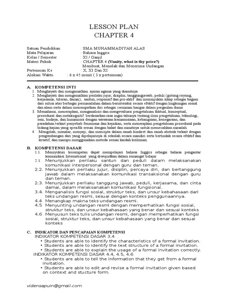 RPP Bahasa Inggris Chapter 4 kelas XI