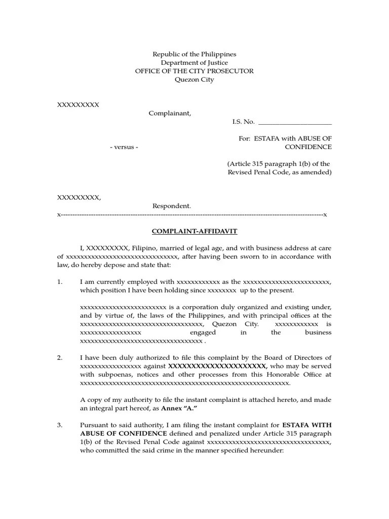 Complaint Affidavit DRAFT Criminal Law Justice