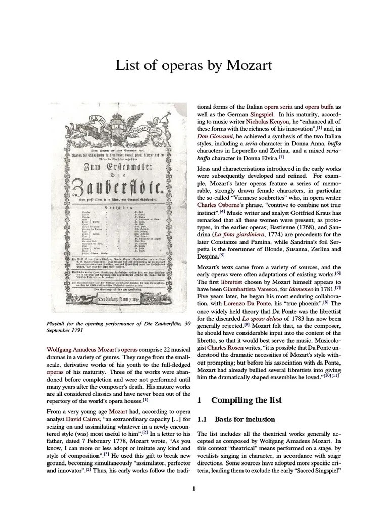 List of Operas by Mozart Wolfgang Amadeus Mozart Opera