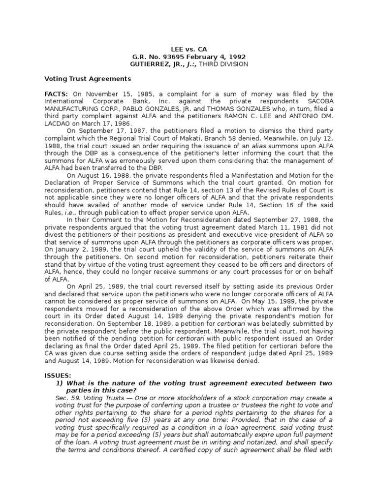 1) What is the nature of the voting trust agreement executed between