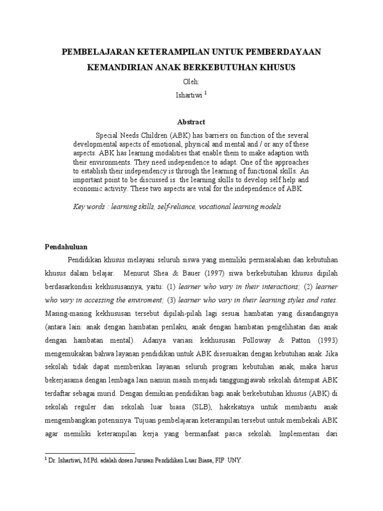 Pembelajaran Keterampilan Untuk Pemberdayaan Kemandirian Anak