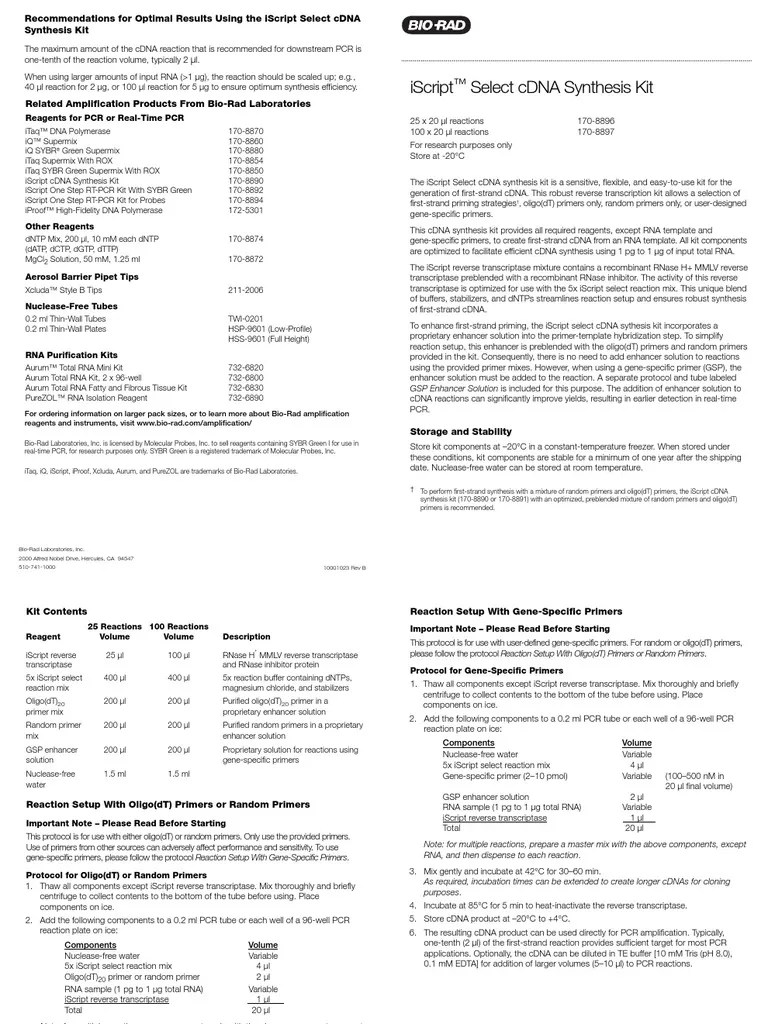 Instruction Manual, Iscript Select cDNA Synthesis Kit, Rev B PDF