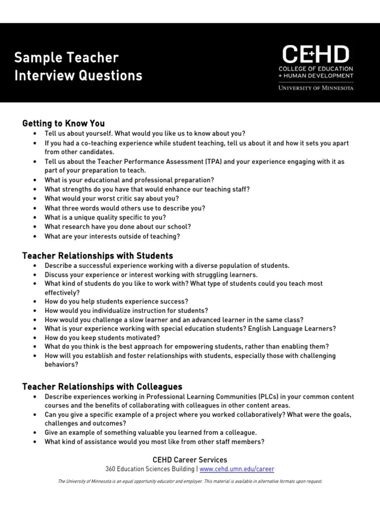 Teacher Interview Questions PDF Teachers Curriculum