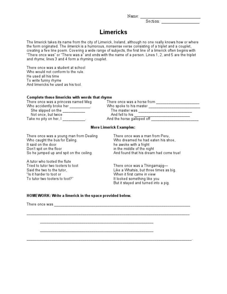 Limericks Worksheet PDF Limerick (Poetry) Stanzaic Form