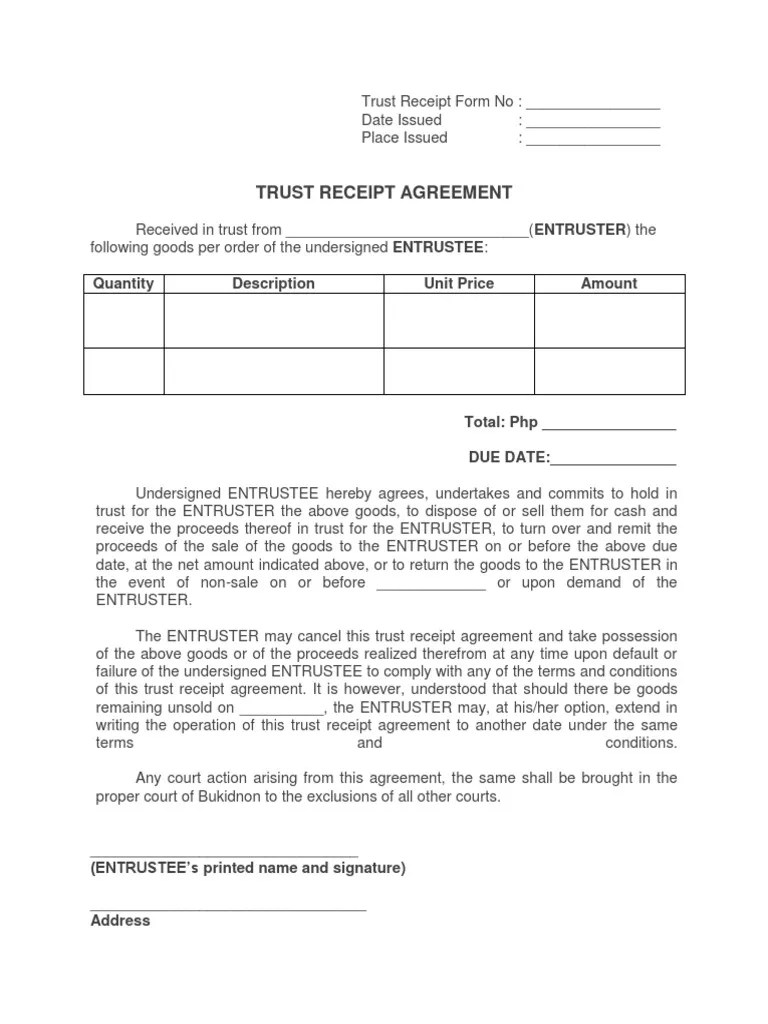 Trust Receipt Form Receipt Private Law