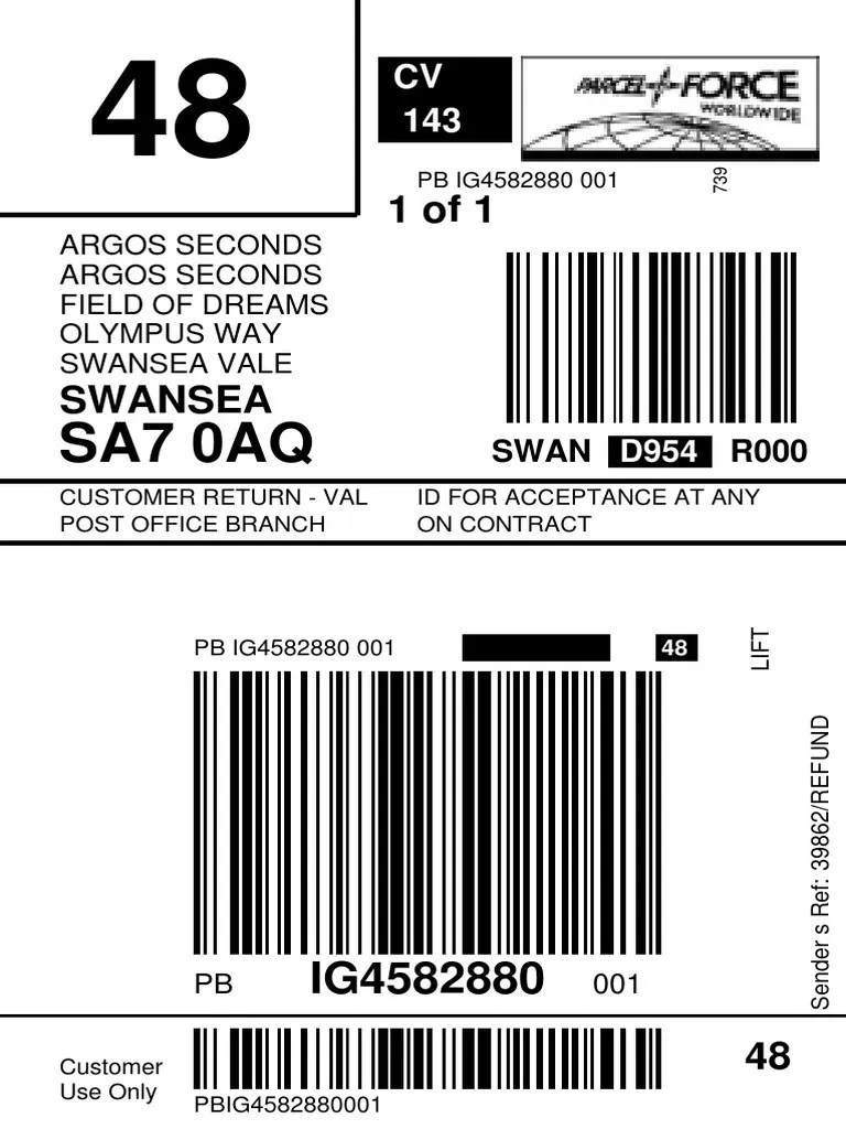 Argos Seconds Return Label PDF