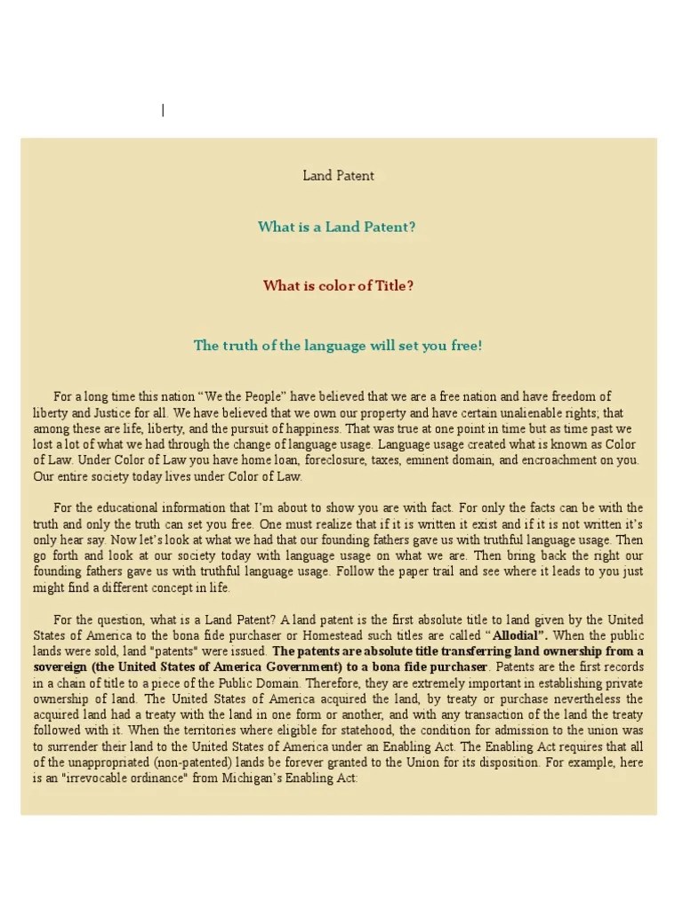 Land Patent Explained United States Constitution Property Law