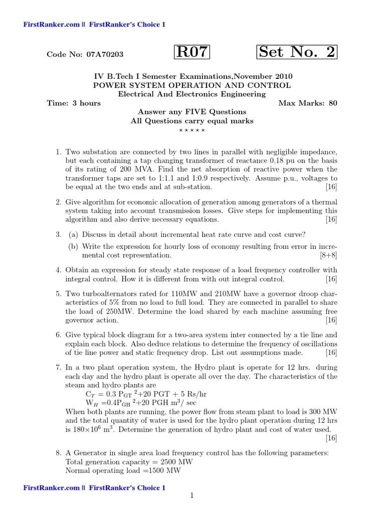 Analysis of Power System Operation and Control Exam Questions PDF