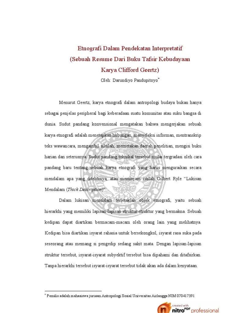 Etnografi Dalam Pendekatan Interpretatif (Sebuah Resume Dari Buku