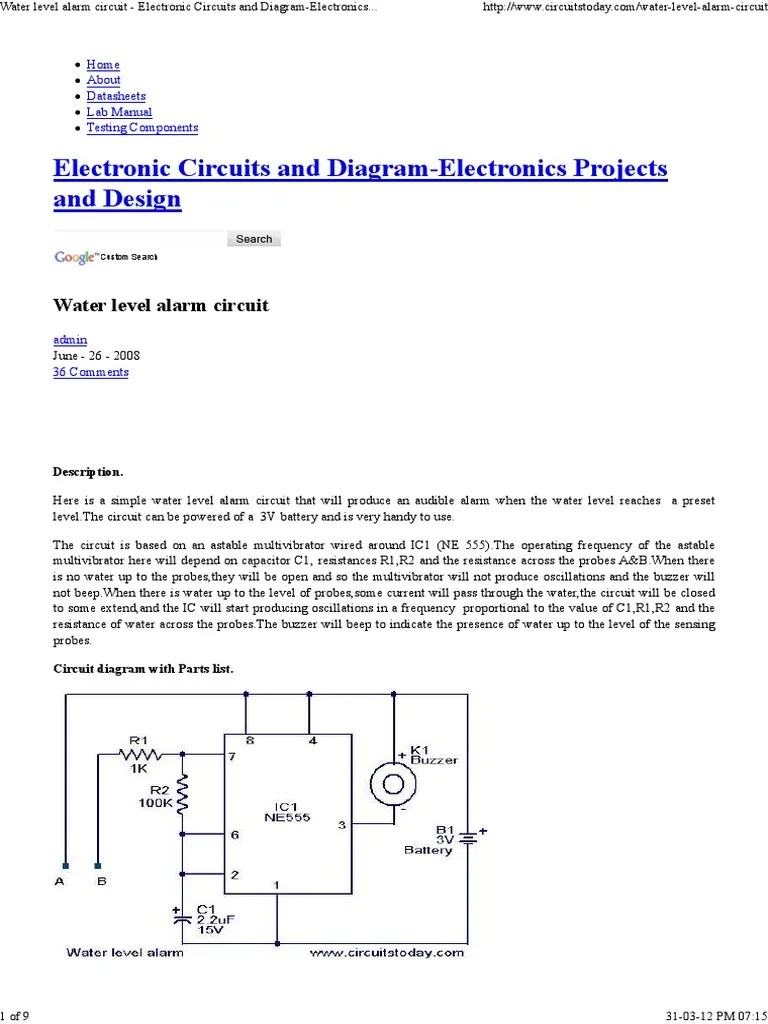 Water Level Alarm Circuit Electronic Circuits and DiagramElectronics Projects and Design