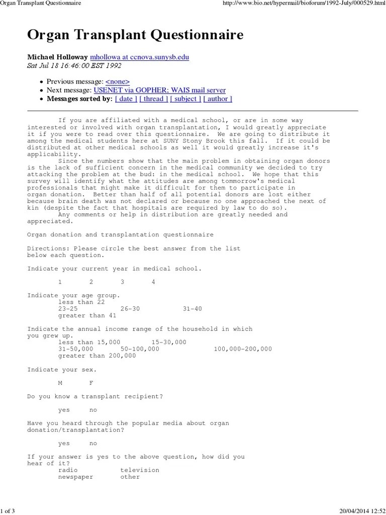 Organ Transplant Questionnaire Organ Donation Organ Transplantation
