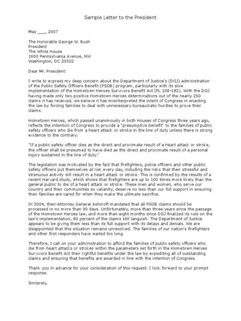 If you need additional help or more examples check out some of the sample letters below. Sample Letter to the President | United States Government ...