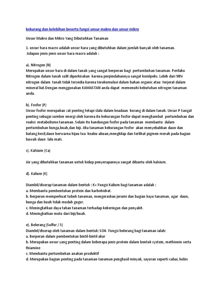 Kekurang Dan Kelebihan Beserta Fungsi Unsur Makro Dan Unsur Mikro | PDF
