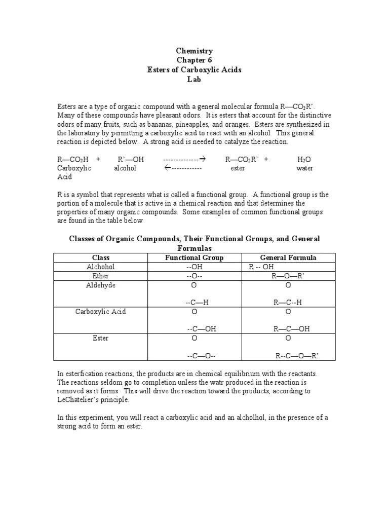 Chemistry Chapter 6 Esters of Carboxylic Acids Ester Alcohol