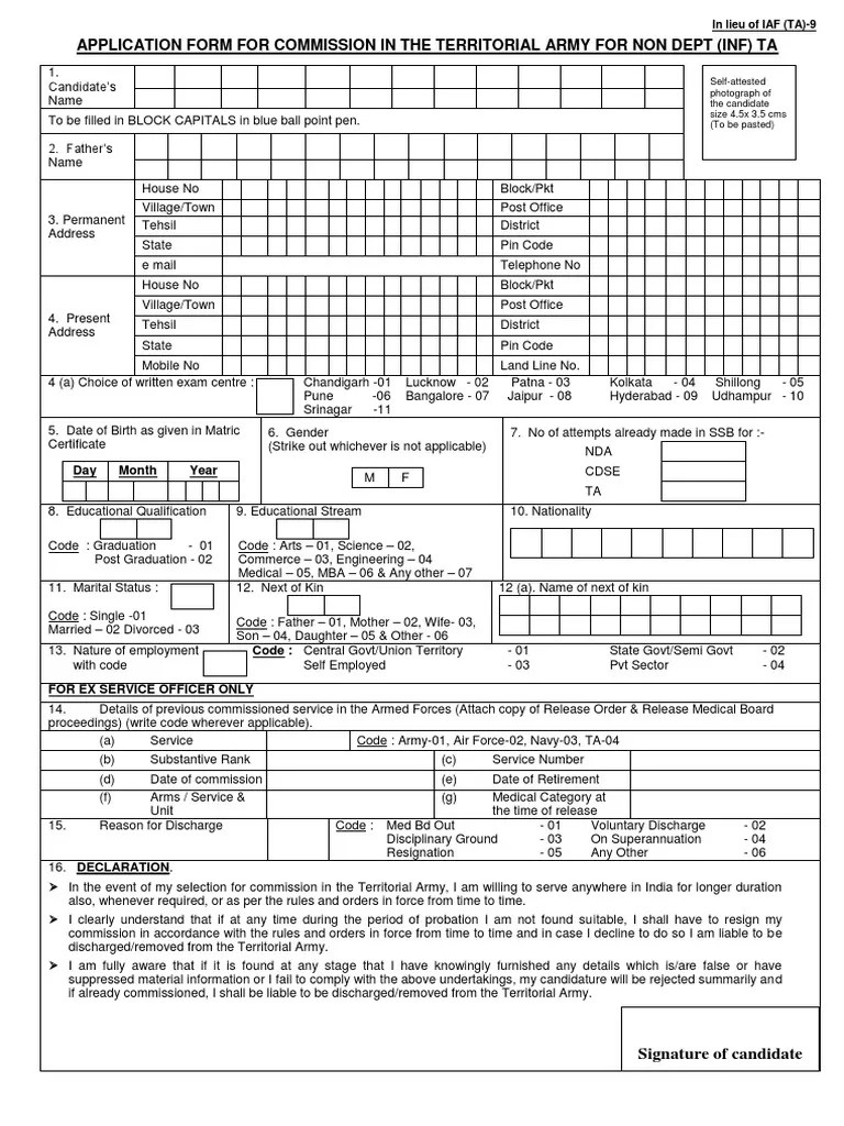 Application Form Indian Army Territorial Officer Posts Military