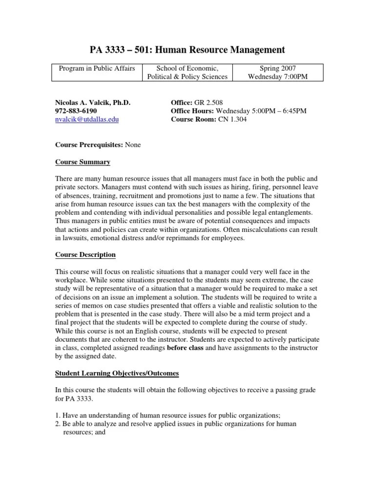 UT Dallas Syllabus for pa3333.501.07s taught by Nicolas Valcik (nvalcik