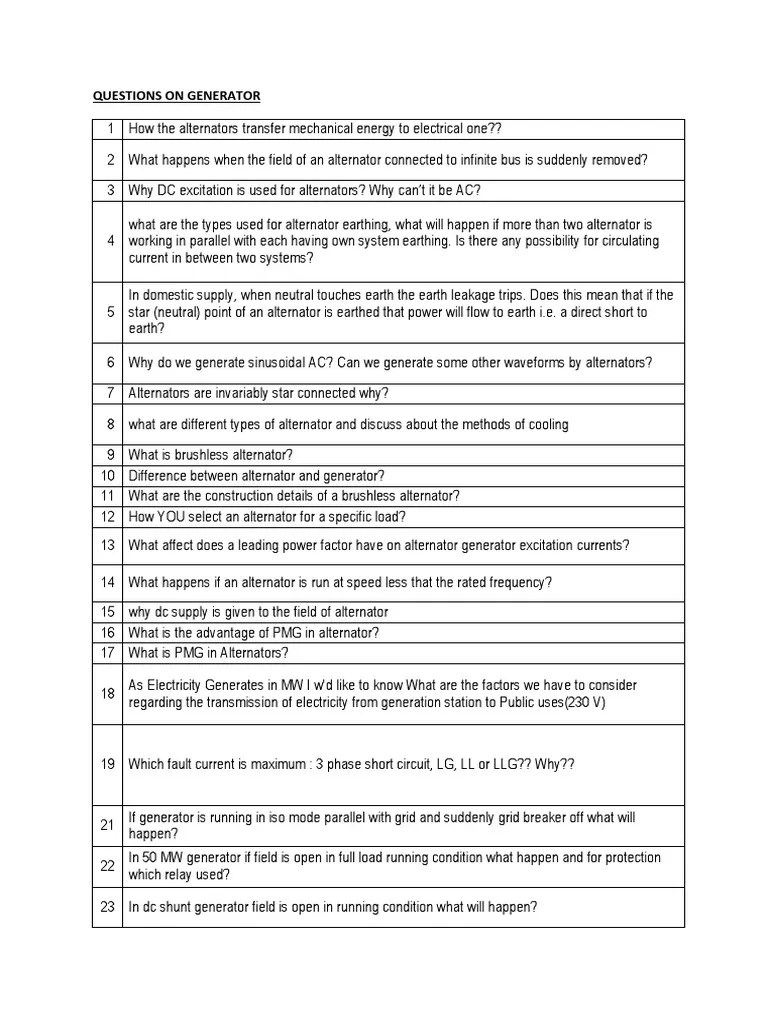 Interview Questions on Generaotr Electric Generator Alternating Current