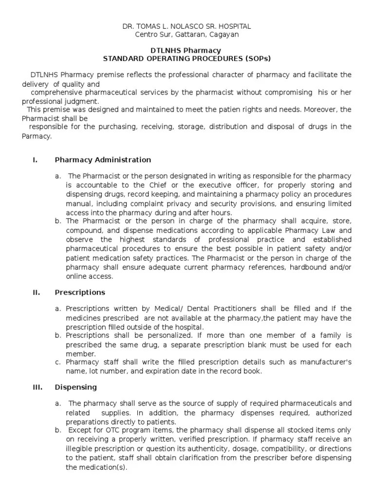 Standard Operating Procedures Hospital Pharmacy Medical Prescription