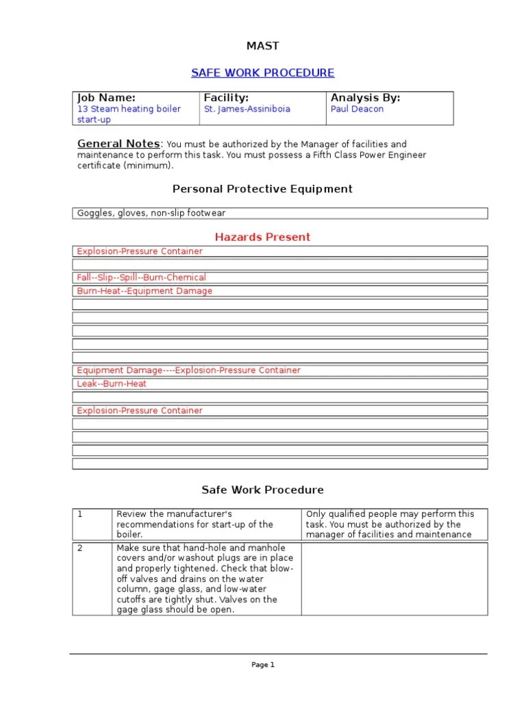 Steam Heating Boiler StartupMAST SAFE WORK PROCEDURE PDF Boiler Valve