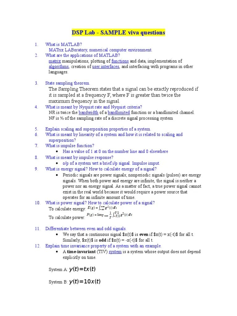 DSP Lab SAMPLE Viva Questions PDF Digital Signal Processor