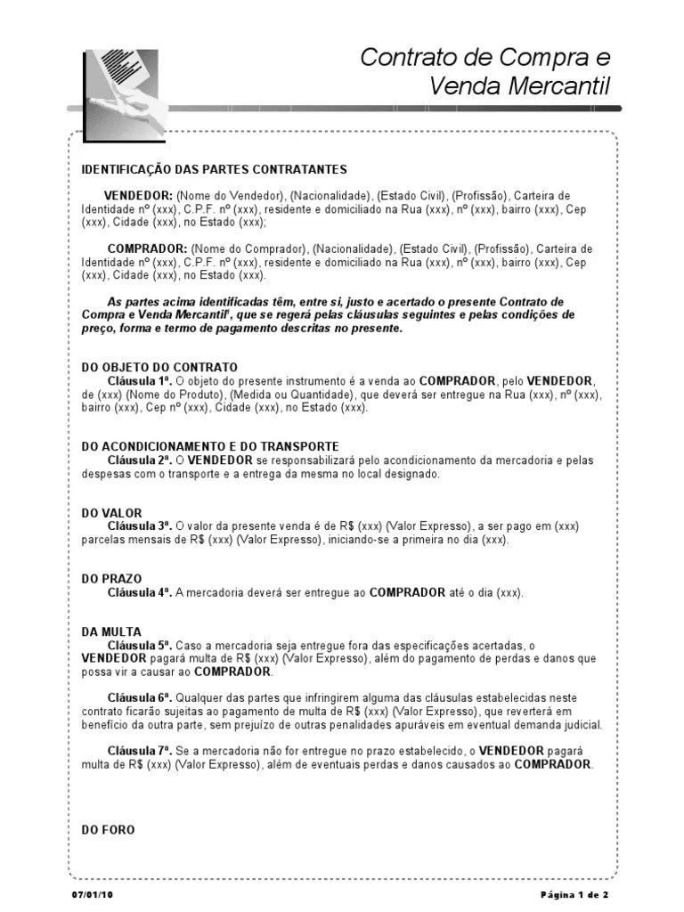 Modelo de Contrato de Compra e Venda Mercantil Mercado (Economia