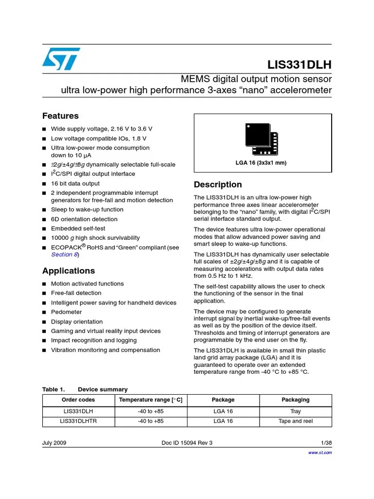 LIS331DLH Accelerometer Datasheet Sensor Accelerometer