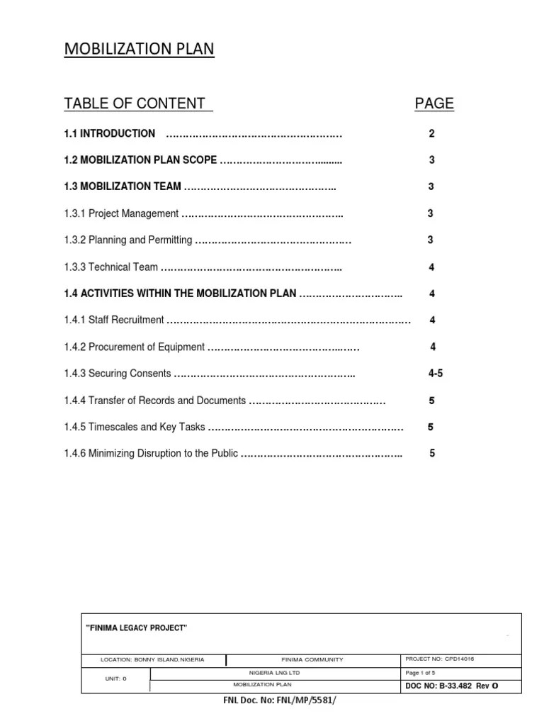 Mobilization Plan PDF Project Manager Project Management