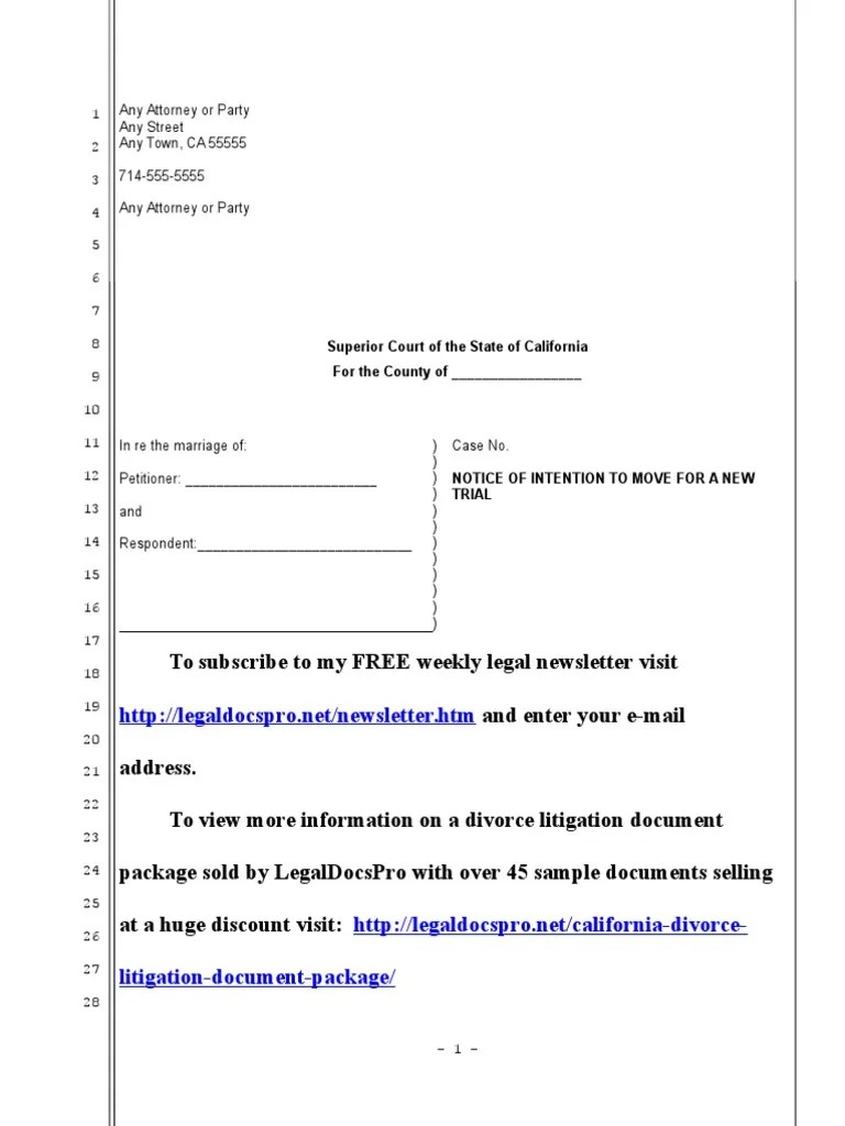Sample Motion for New Trial for California Divorce Lawsuit Politics