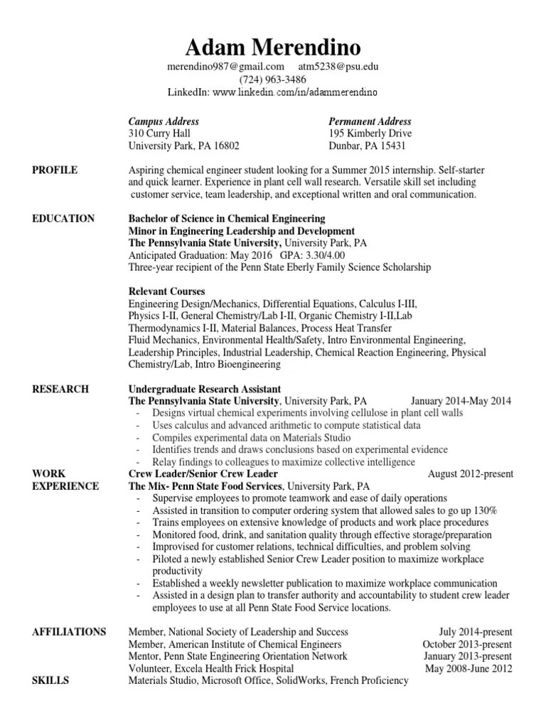 Resume 2014 PDF Pennsylvania State University Engineering