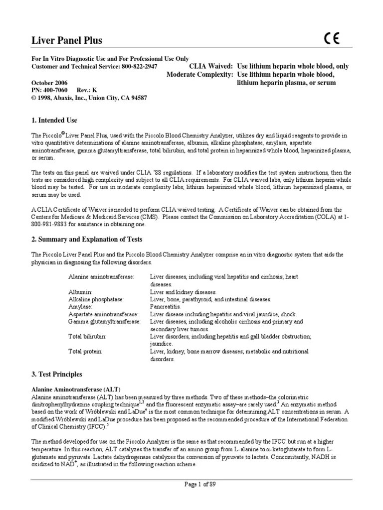 . Chemistry Piccolo Piccolo Tests Liver Panel Alanine Transaminase