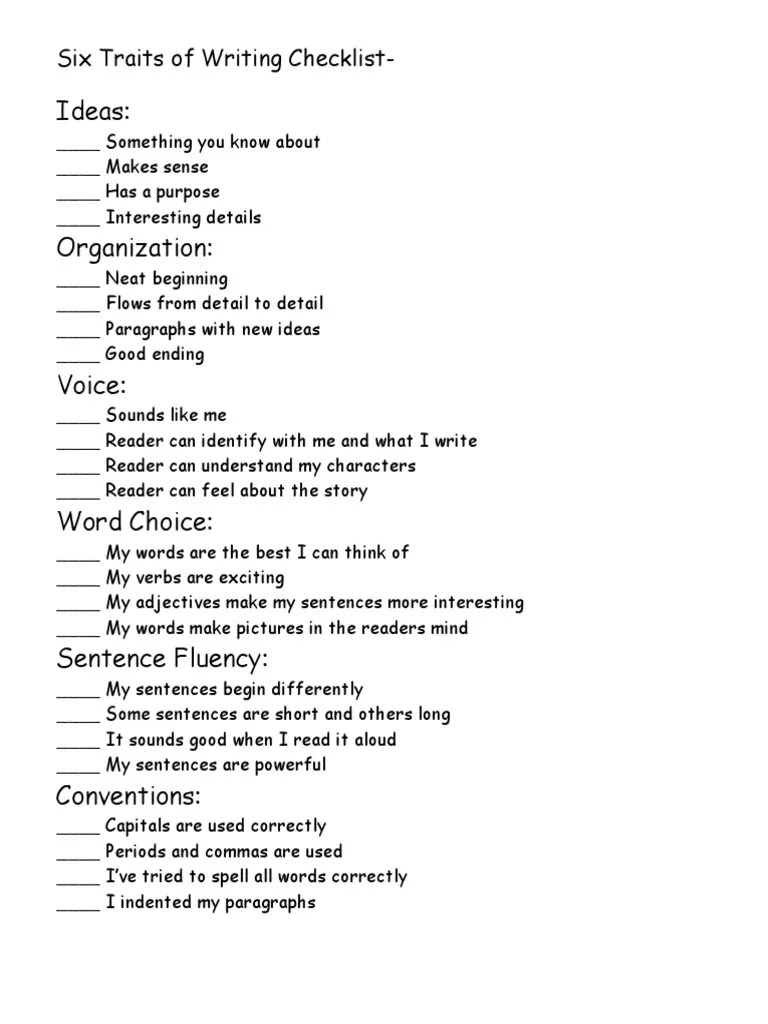 Ideas Six Traits of Writing Checklist PDF
