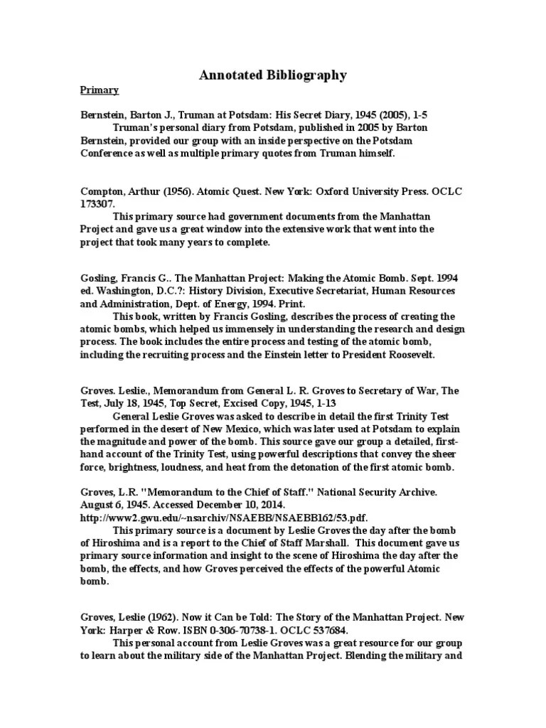 History Fair Annotated Bibliography PDF Manhattan Project Atomic