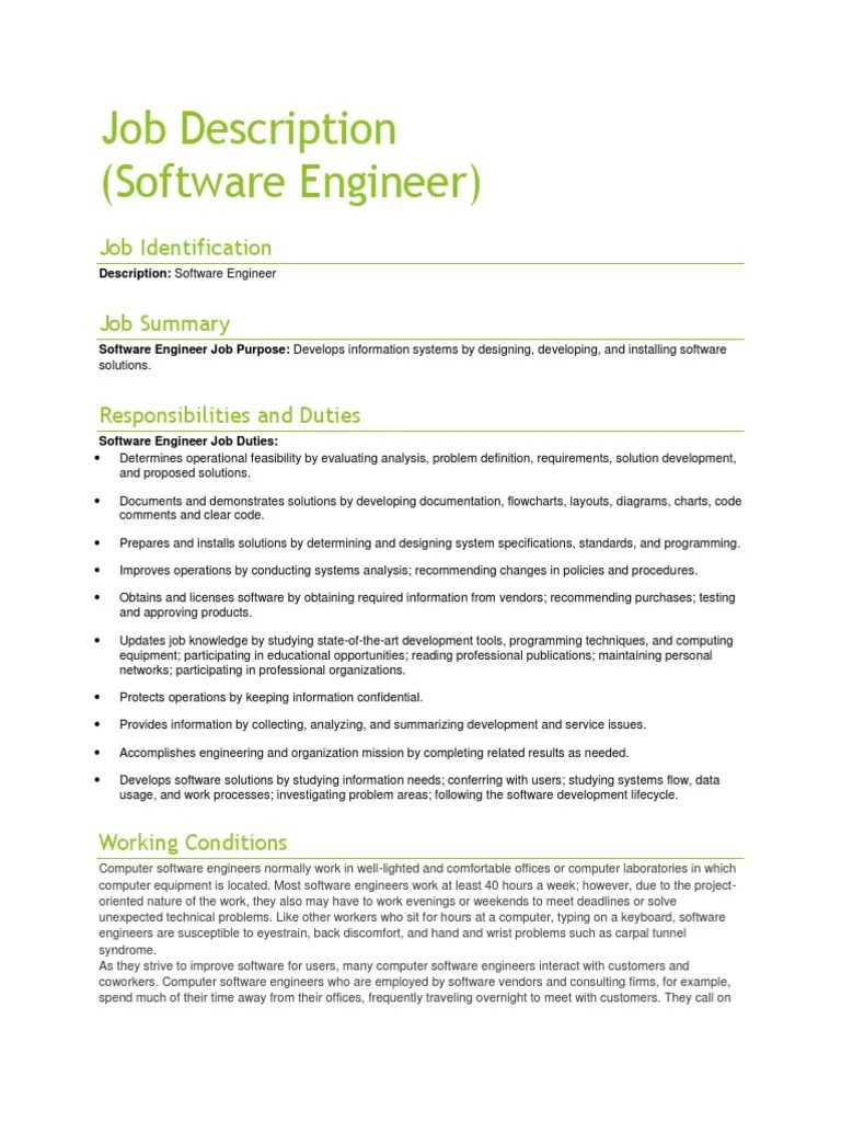 Job Description (Software Engineer) Software Development Software