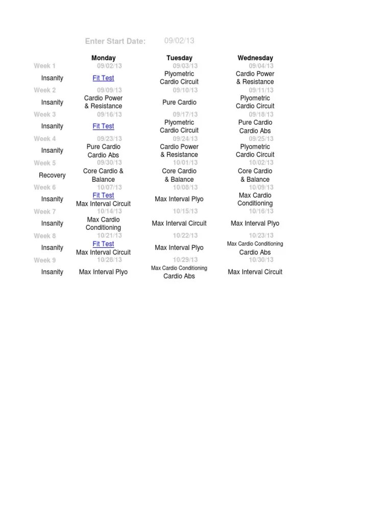 Calendario Insanity | Pdf | Determinants Of Health | Management Of Obesity