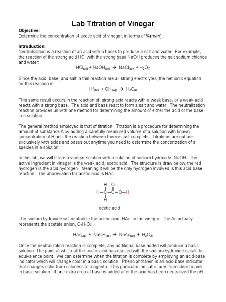 Lab Titration of Vinegar Acid Titration