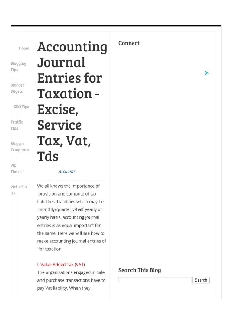 Accounting Journal Entries for Taxation Excise, Service Tax, Vat, Tds