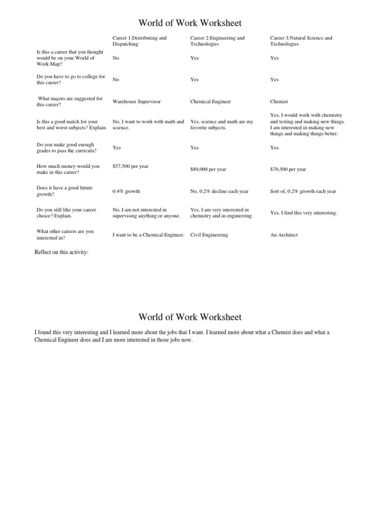 World of Work Worksheet PDF