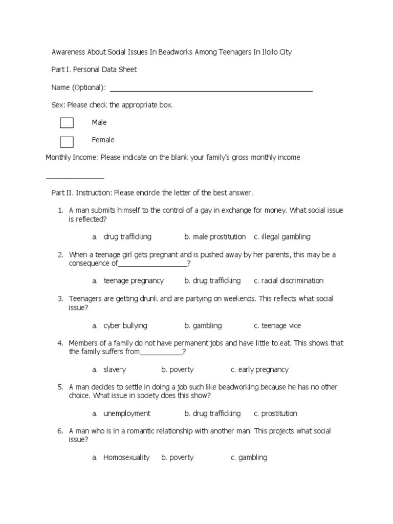 post test sample questionnaire Human Trafficking Adolescence